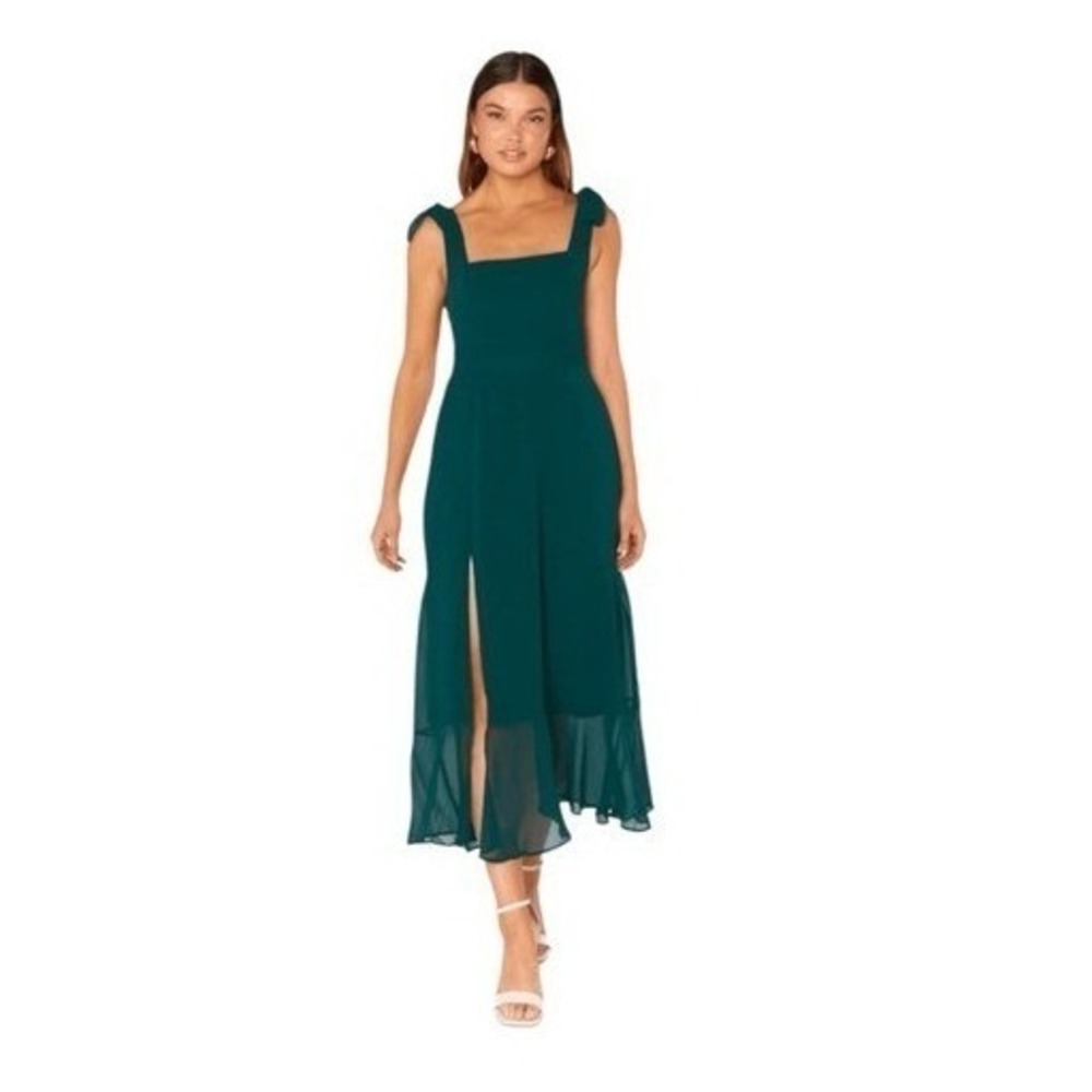 Show Me Your MuMu Claire Midi Dress Emerald Chiffon Fitted Bodice Smocked Back X